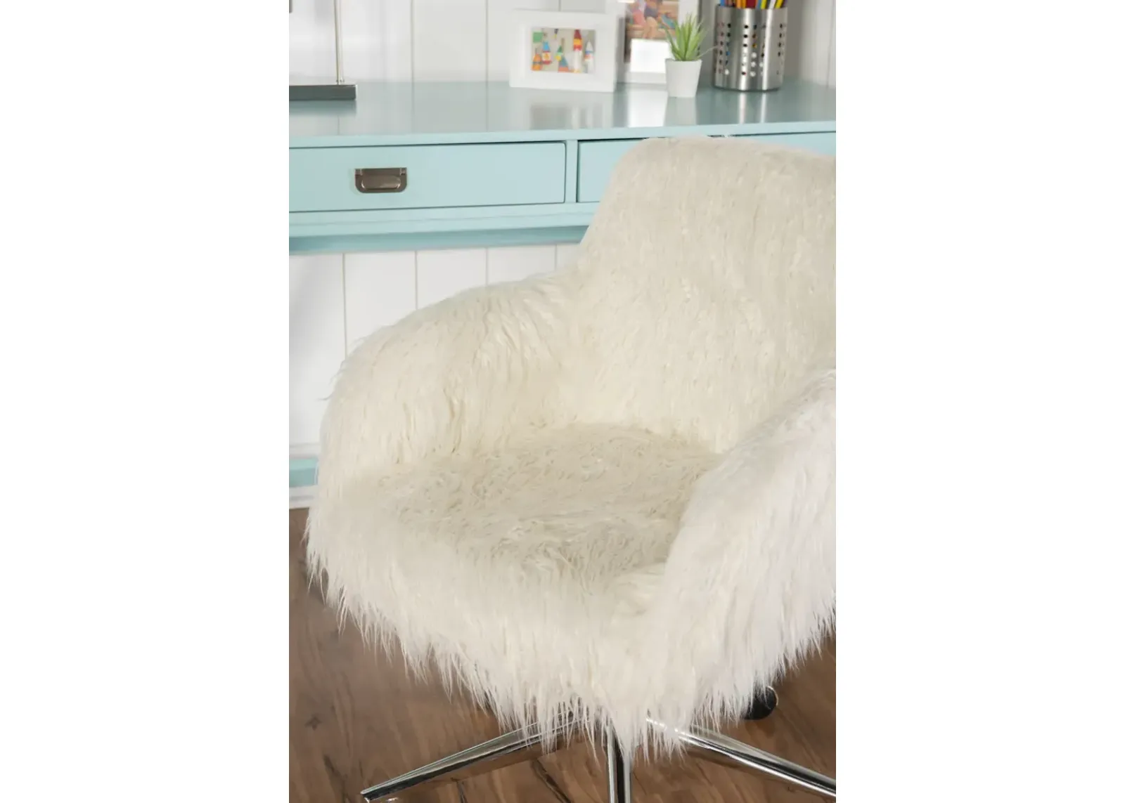 Linon Fiona Faux Fur White Desk Chair