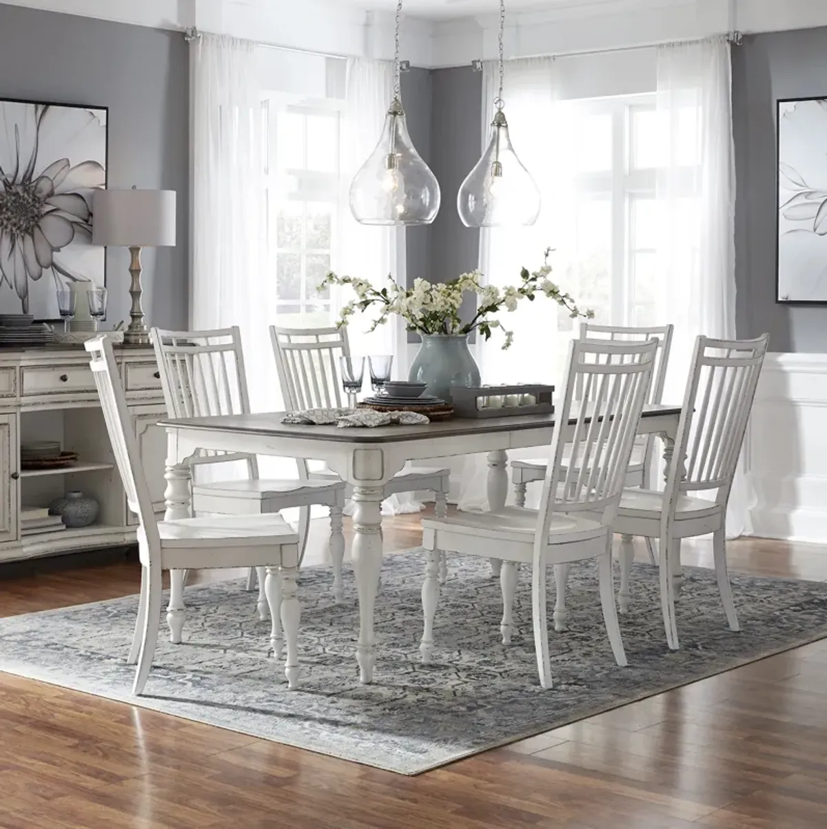 Liberty Furniture 7-Piece White Weathered Bark Leg Dining Table Set Magnolia Manor