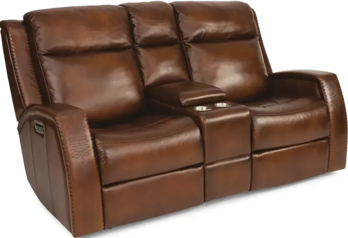 Flexsteel Mustang Brown Power Reclining Leather Loveseat with Console & Power Headrests