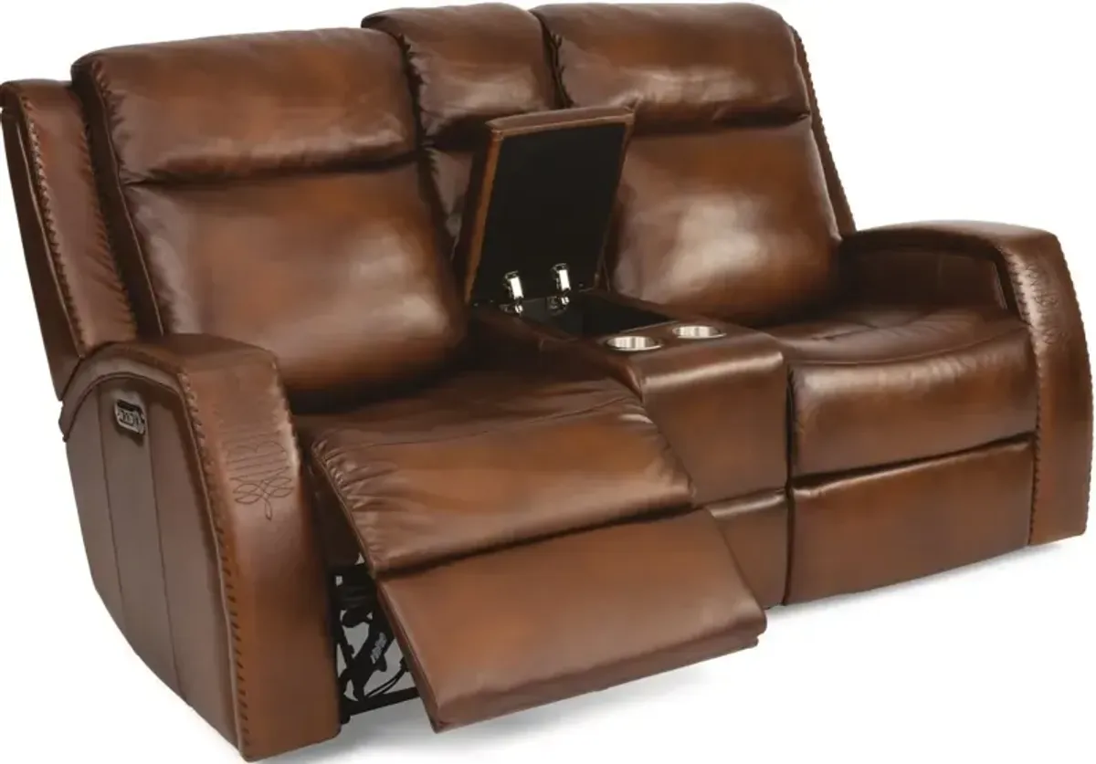 Flexsteel Mustang Brown Power Reclining Leather Loveseat with Console & Power Headrests