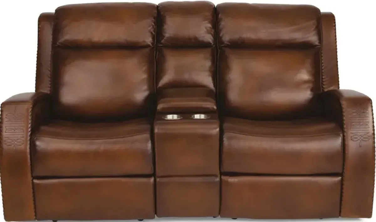 Flexsteel Mustang Brown Power Reclining Leather Loveseat with Console & Power Headrests