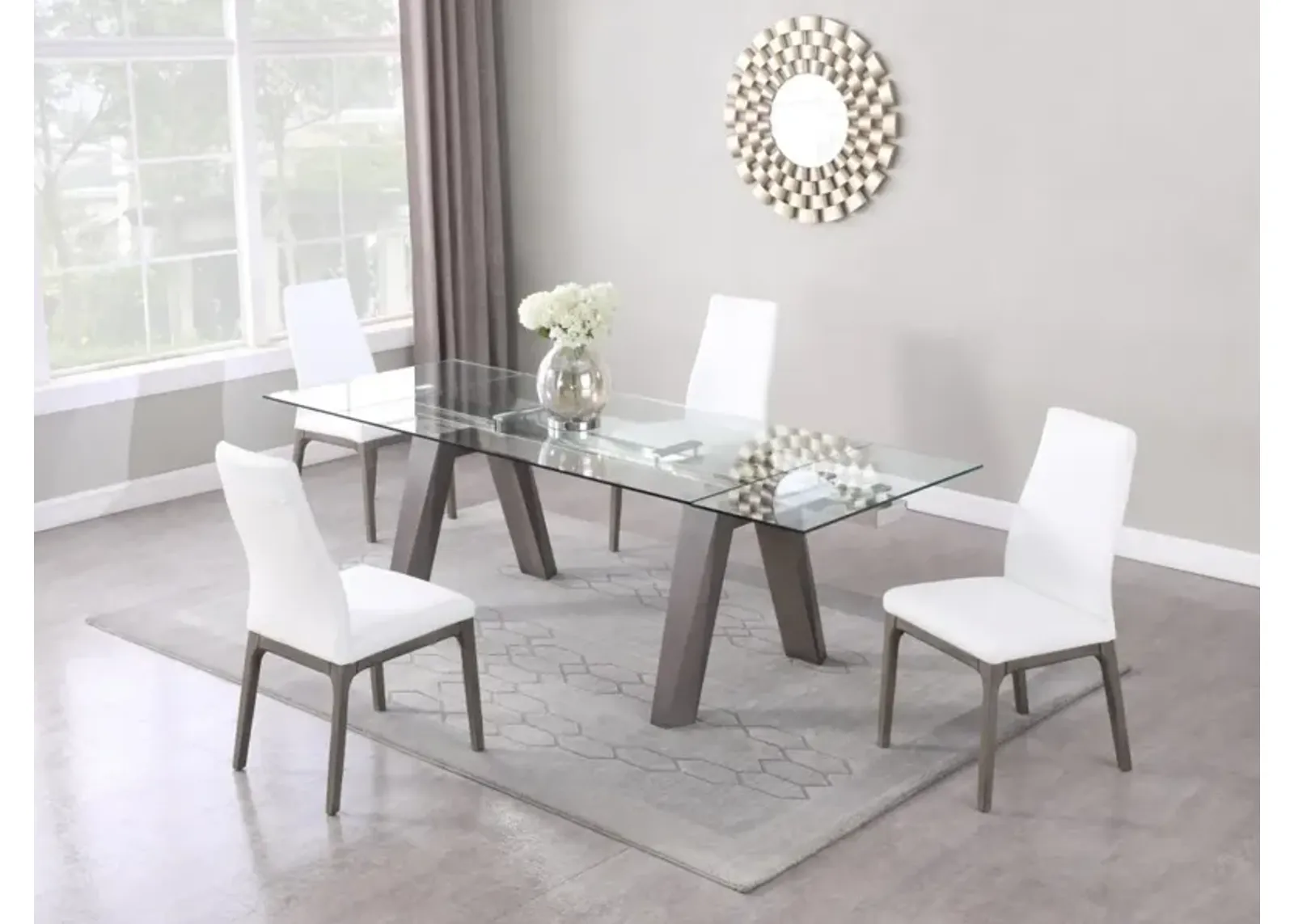 Chintaly Esther Grey/White Modern Dining Set with Extendable Glass Table & 2-Tone Chairs