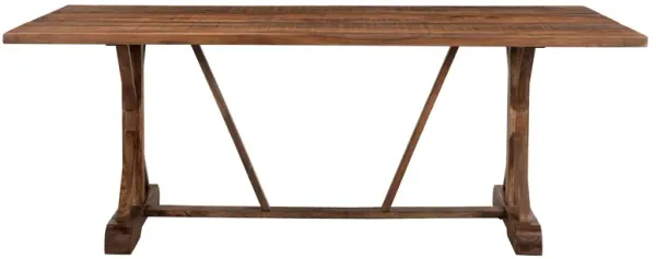 CARSON EXTOTIC SOLID SHEESHAM WOOD DINING TABLE WITH TRESTLE BASE AND CHATTERMARK FINISH