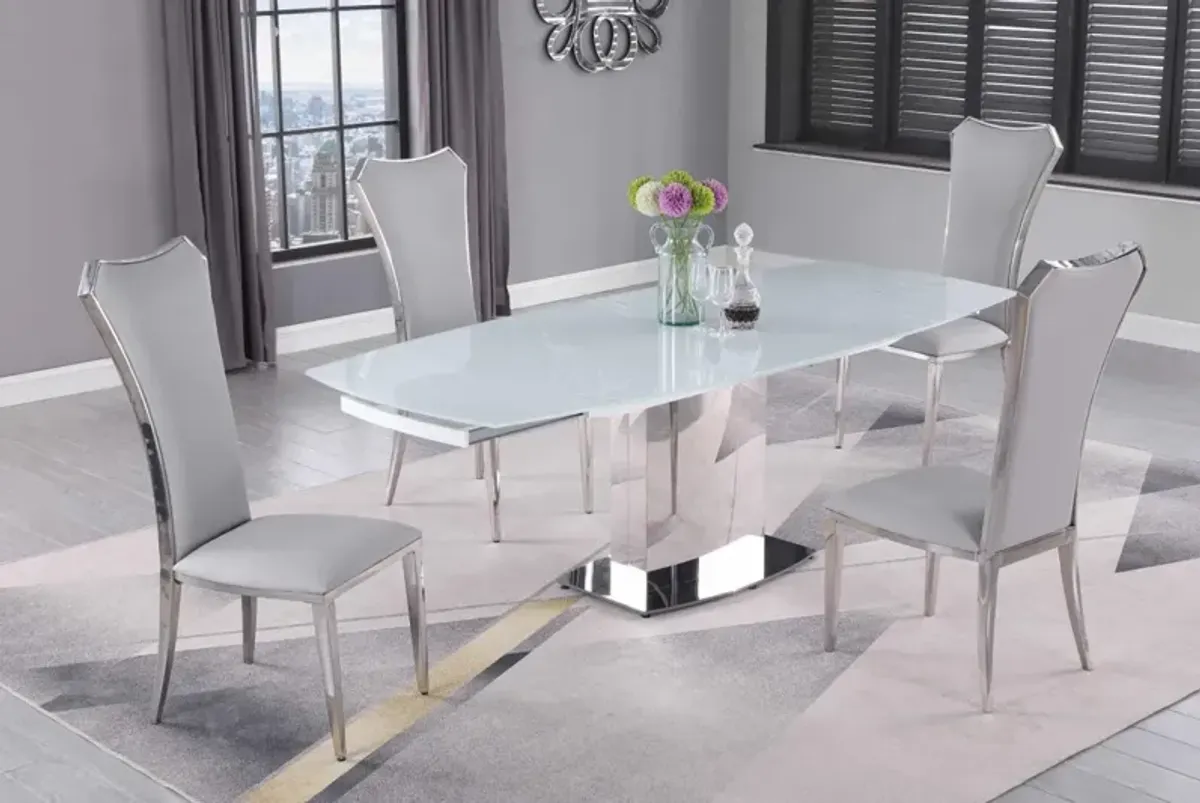 Chintaly Mavis Grey Dining Set with Extendable White Glass Table & Tall Back Side Chairs