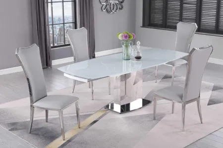 MAVIS GREY DINING SET WITH EXTENDABLE WHITE GLASS TABLE & TALL BACK SIDE CHAIRS