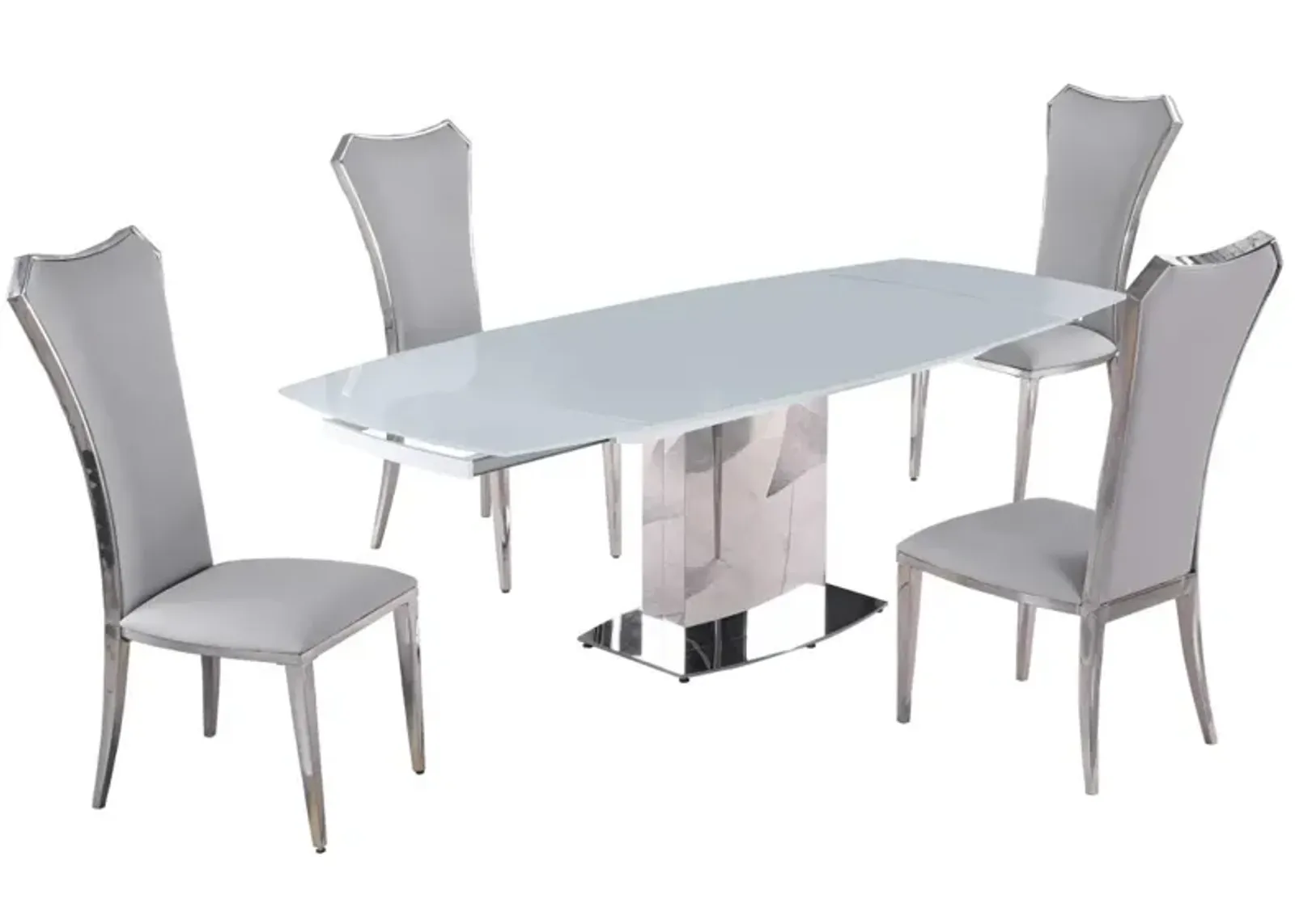 Chintaly Mavis Grey Dining Set with Extendable White Glass Table & Tall Back Side Chairs