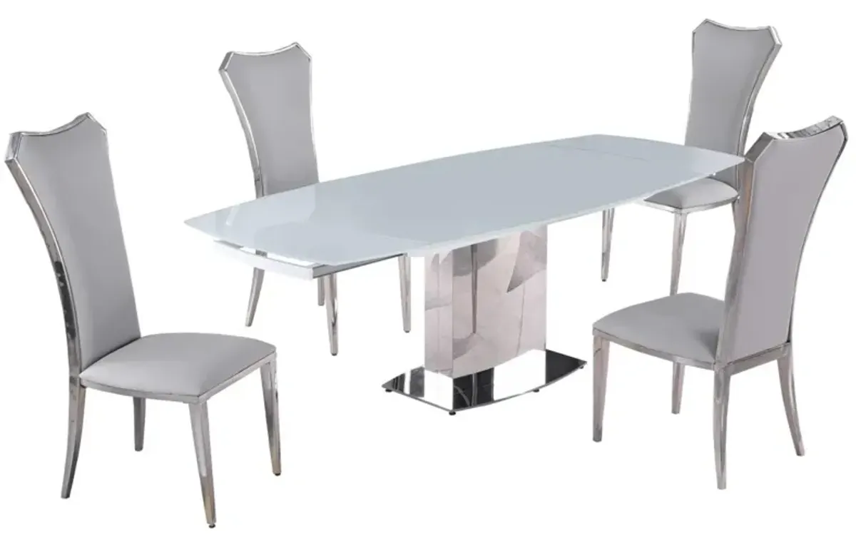 Chintaly Mavis Grey Dining Set with Extendable White Glass Table & Tall Back Side Chairs