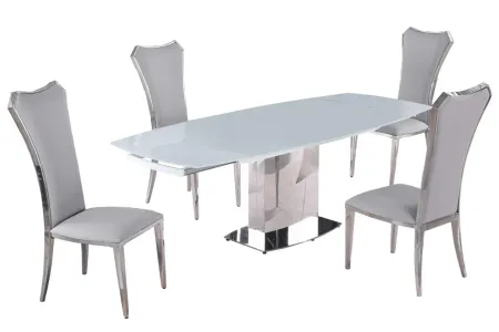 MAVIS GREY DINING SET WITH EXTENDABLE WHITE GLASS TABLE & TALL BACK SIDE CHAIRS