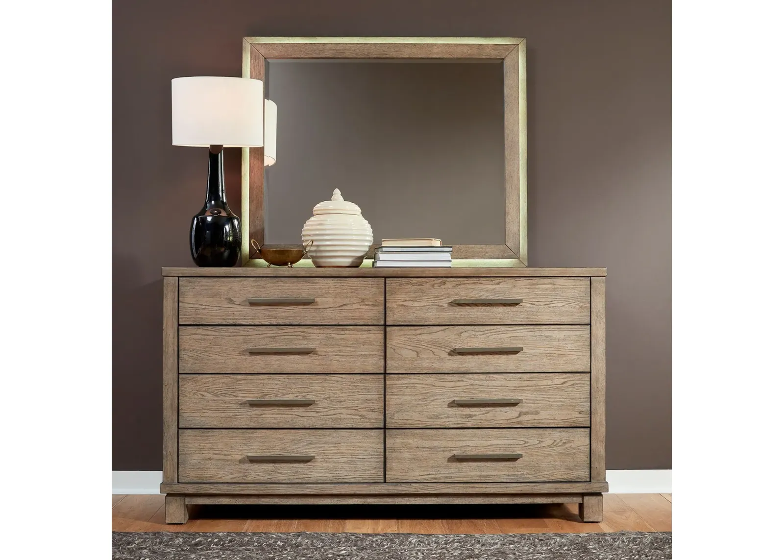 QUEEN UPHOLSTERED BED DRESSER MIRROR CHEST AND NIGHTSTAND - CANYON ROAD