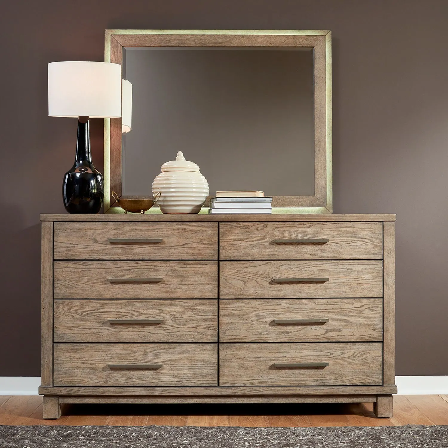 QUEEN UPHOLSTERED BED DRESSER MIRROR CHEST AND NIGHTSTAND - CANYON ROAD