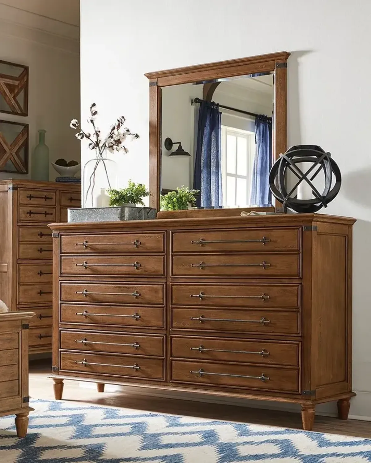 John Thomas Farmhouse Chic 6-Drawer Dresser & Mirror in Bourbon