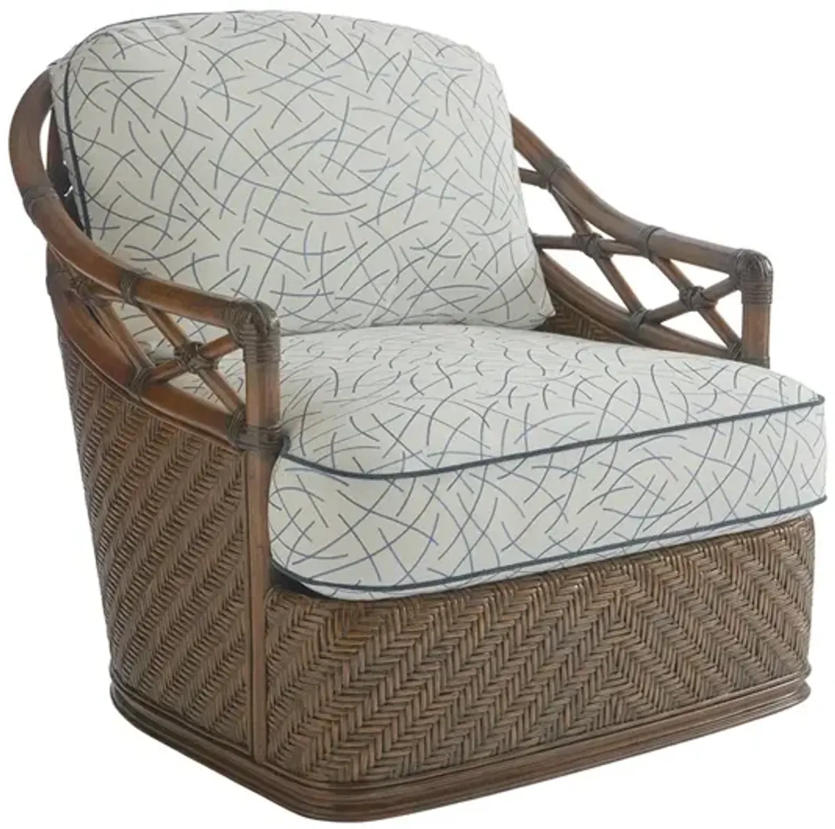 Tommy Bahama Home by Lexington Bali Hai Diamond Cove Swivel Barrel Chair in Brown/Ivory/Blue