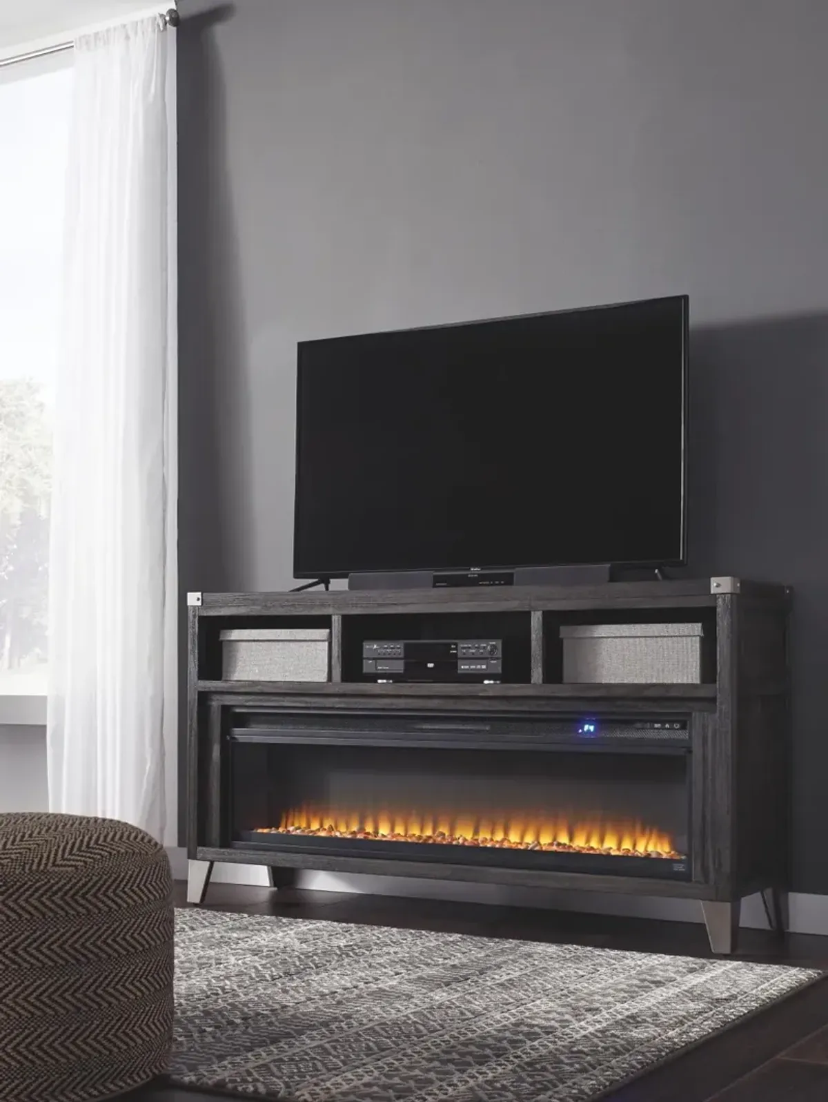 Ashley 65 Inch Todoe TV Stand with Electric Fireplace Gray