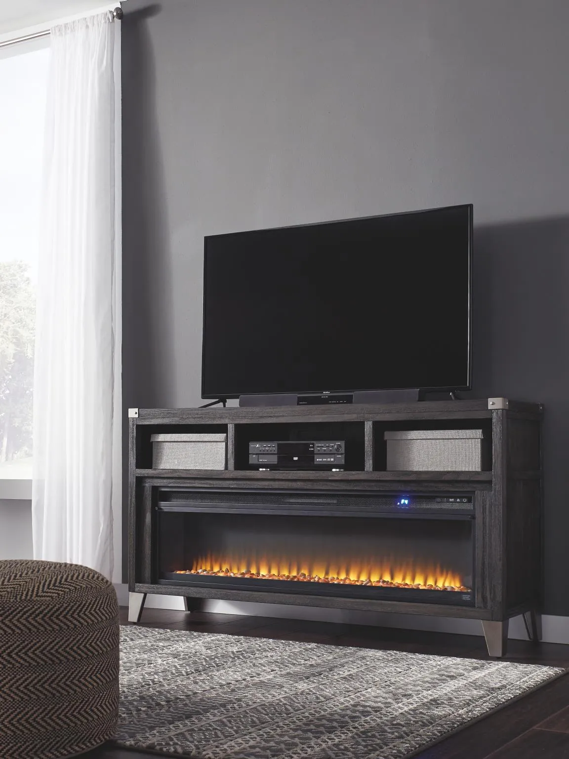 TODOE 65" TV STAND WITH ELECTRIC FIREPLACE GRAY SIGNATURE DESIGN