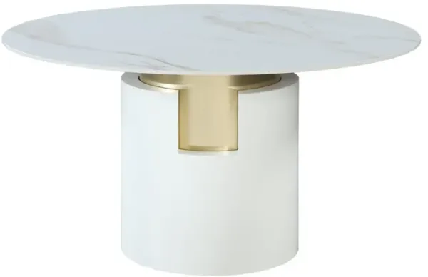 Chintaly Kiana Marbleized Sintered Stone Top Dining Table with Cylinder Base & Golden Accent