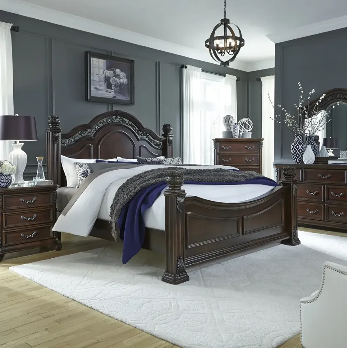 Liberty Furniture Complete King Bedroom Set Poster Bed, Dresser, Mirror, Chest & Nightstand Messina Estates