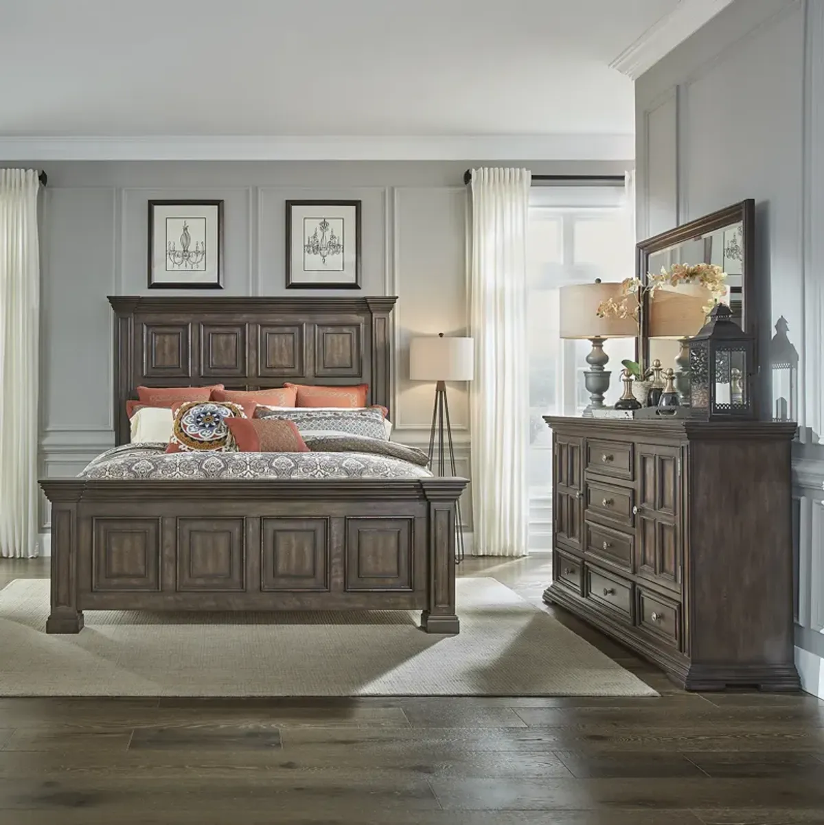 Liberty Furniture Complete California King Set Brown Panel Bed, Dresser & Mirror Big Valley