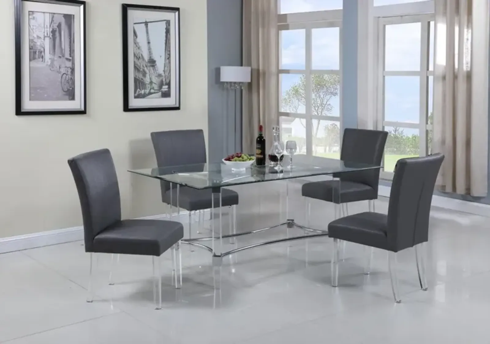 Chintaly 5-Piece Grey Contemporary 72 Inch Dining Set with Rectangular Glass Dining Table & Parson Chairs