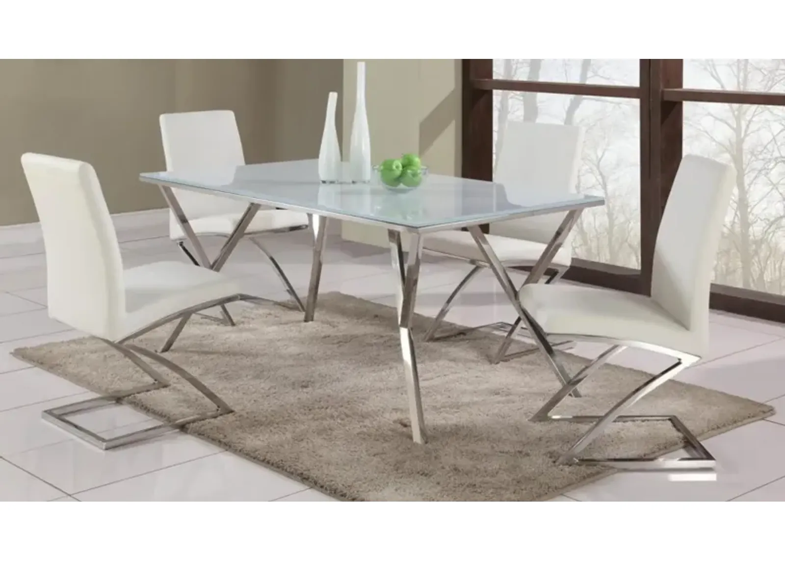 Chintaly Jade Modern Dining Set with Starphire Glass Table & White Upholstered Chairs