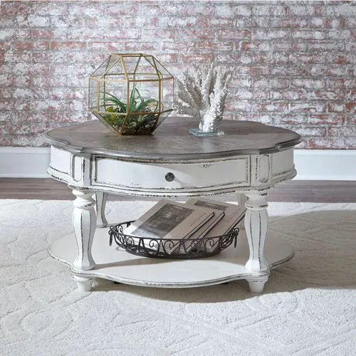 MAGNOLIA MANOR 1 DRAWER ROUND COCKTAIL TABLE - ANTIQUE WHITE