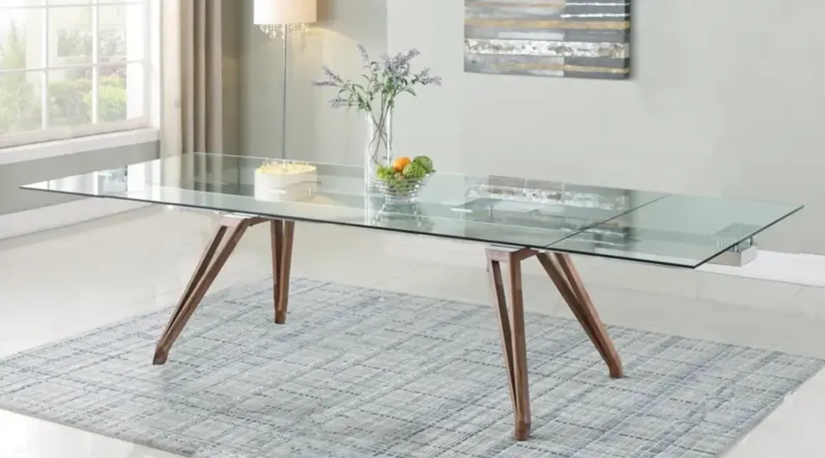 Chintaly Erika Modern Dining Table with Extendable Glass Top & Solid Wood Legs