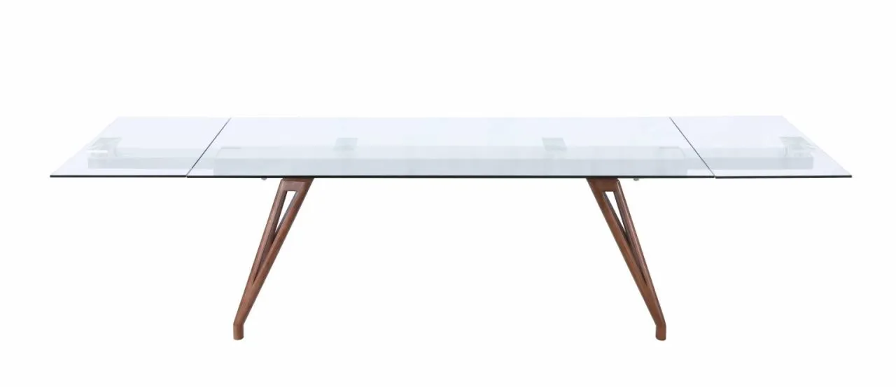 ERIKA MODERN DINING TABLE WITH EXTENDABLE GLASS TOP & SOLID WOOD LEGS