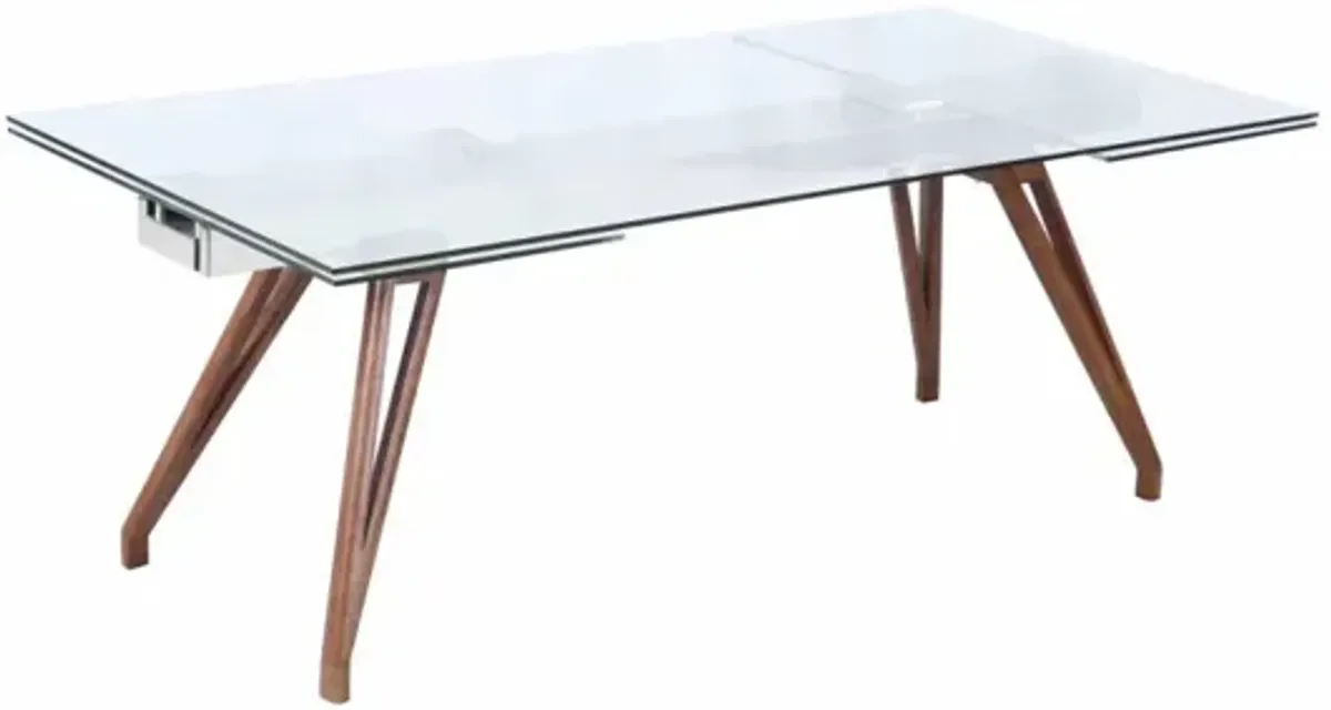 Chintaly Erika Modern Dining Table with Extendable Glass Top & Solid Wood Legs