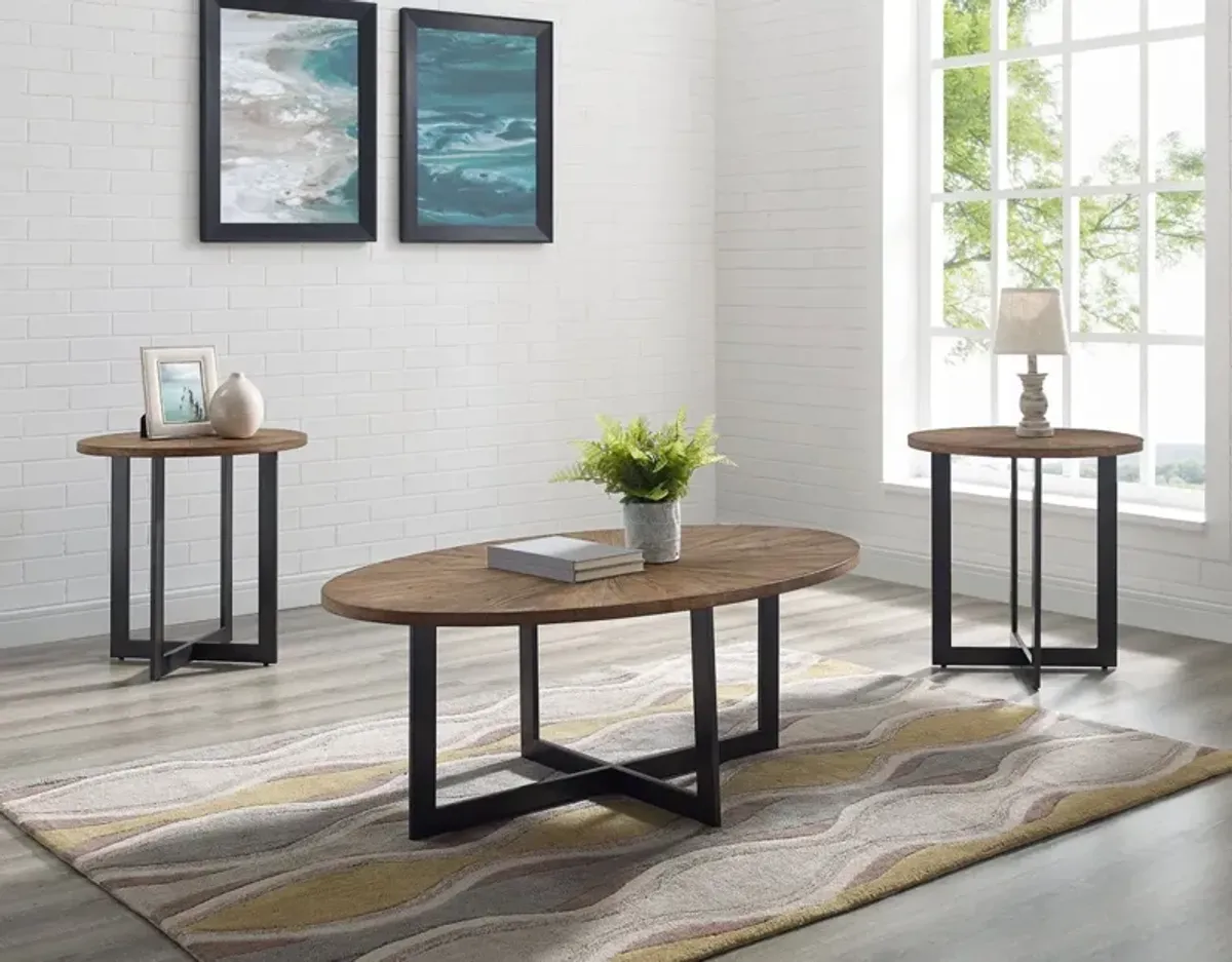 Steve Silver Colton Sunburst Ash Cocktail Table with Iron Base & 2-End Tables
