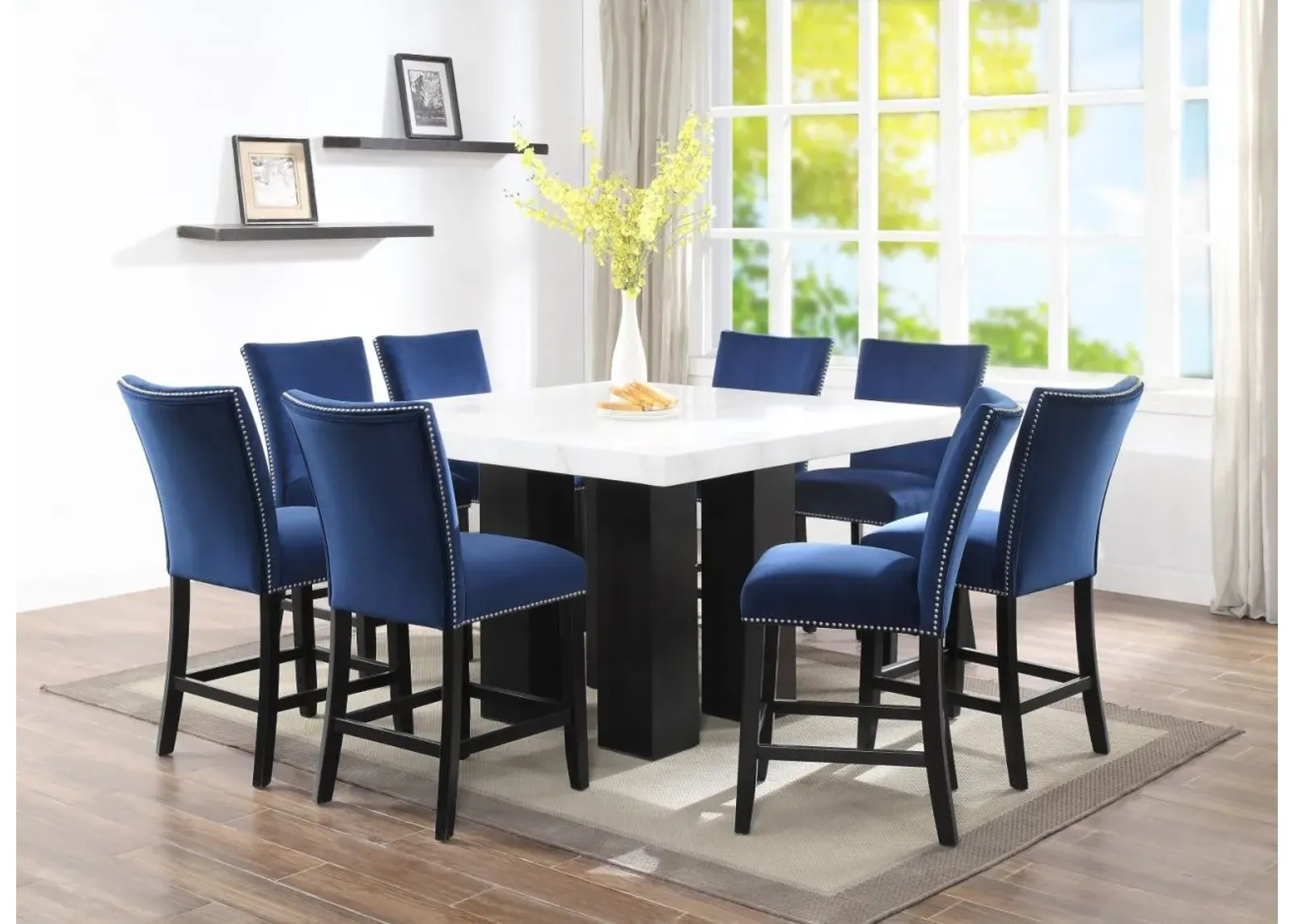 7 PIECE CAMILA COUNTER TABLE W/6 BLACK FAUX-LEATHER COUNTER CHAIRS