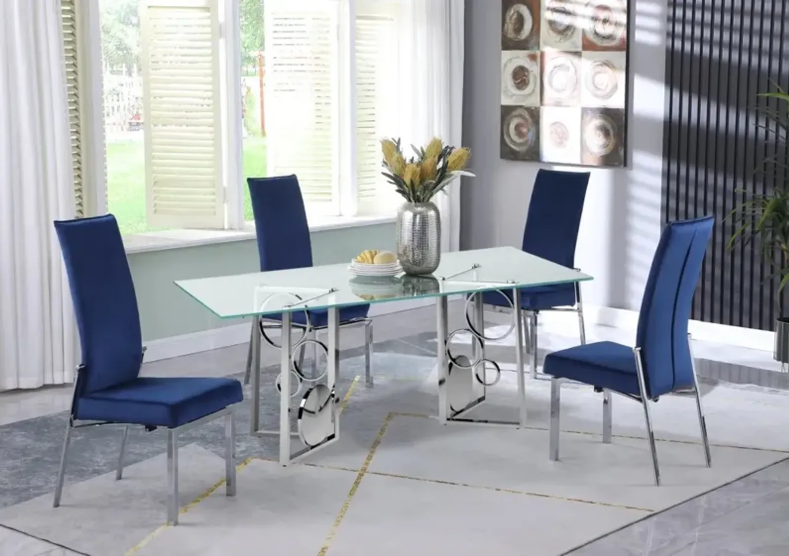 Chintaly Bruna Blue Dining Set with 42 Inch X 72 Inch Glass Top Table & 4 Motion-Back Chairs