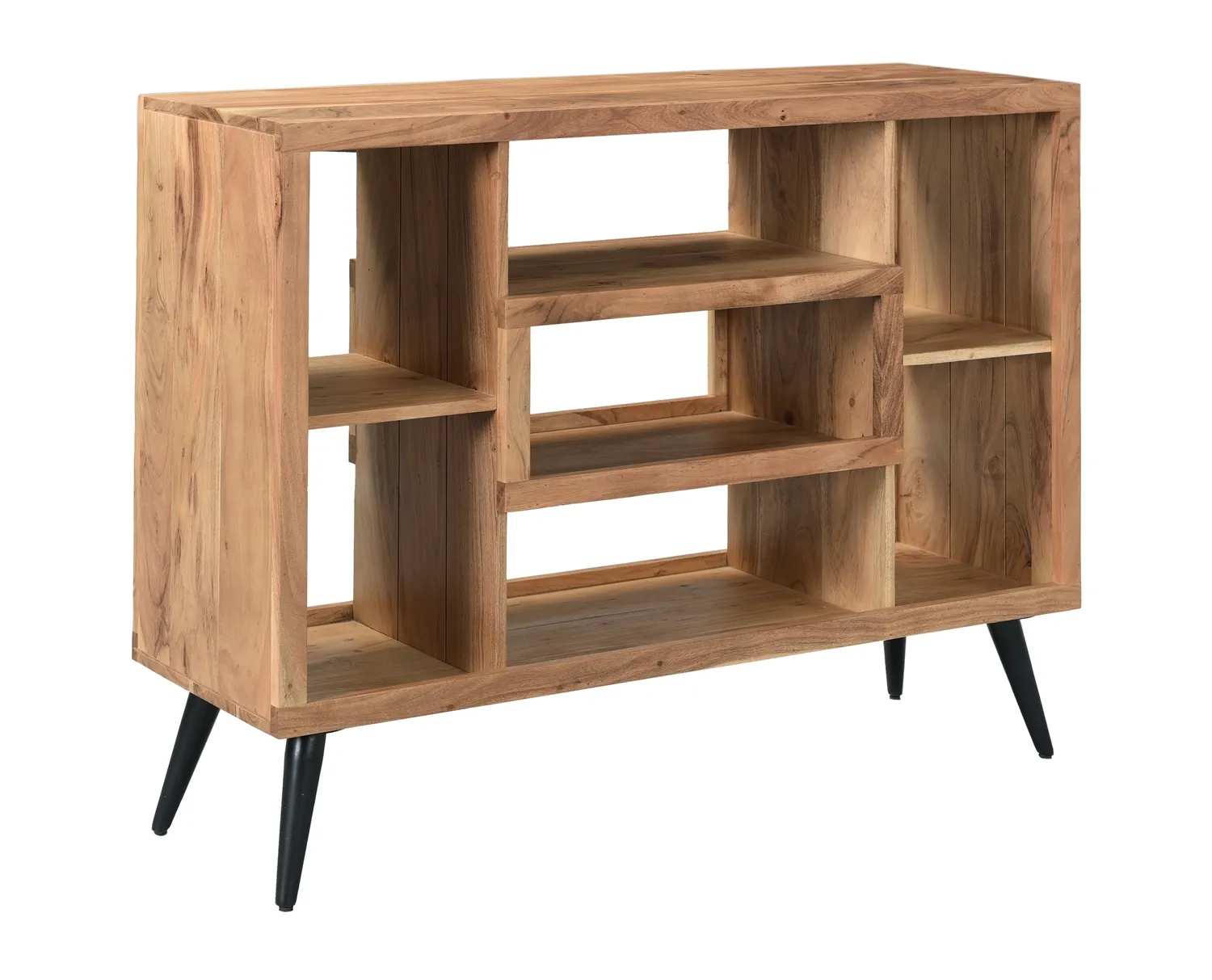 BELLAMY SOLID ACACIA WOOD BOOKCASE WITH SEVEN SHELVES AND METAL TAPERED LEGS
