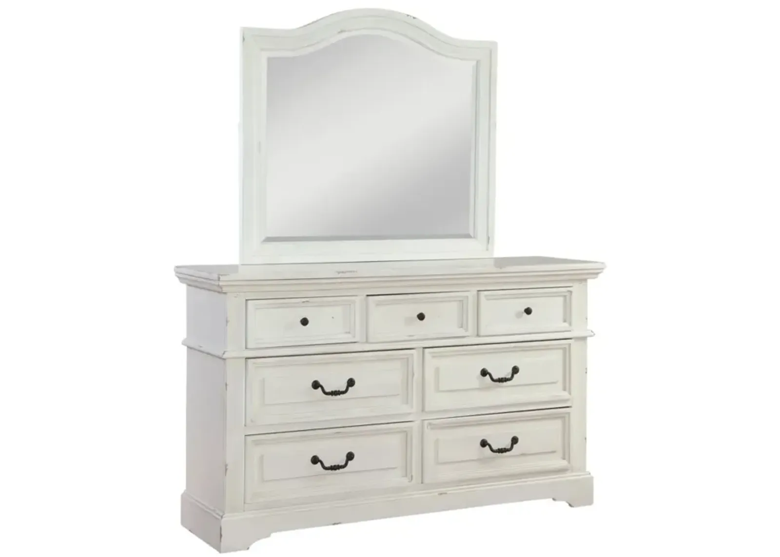 American Woodcrafters Complete Queen Bedroom Set Panel Bed, Dresser & Mirror Distressed Antique White Stonebrook