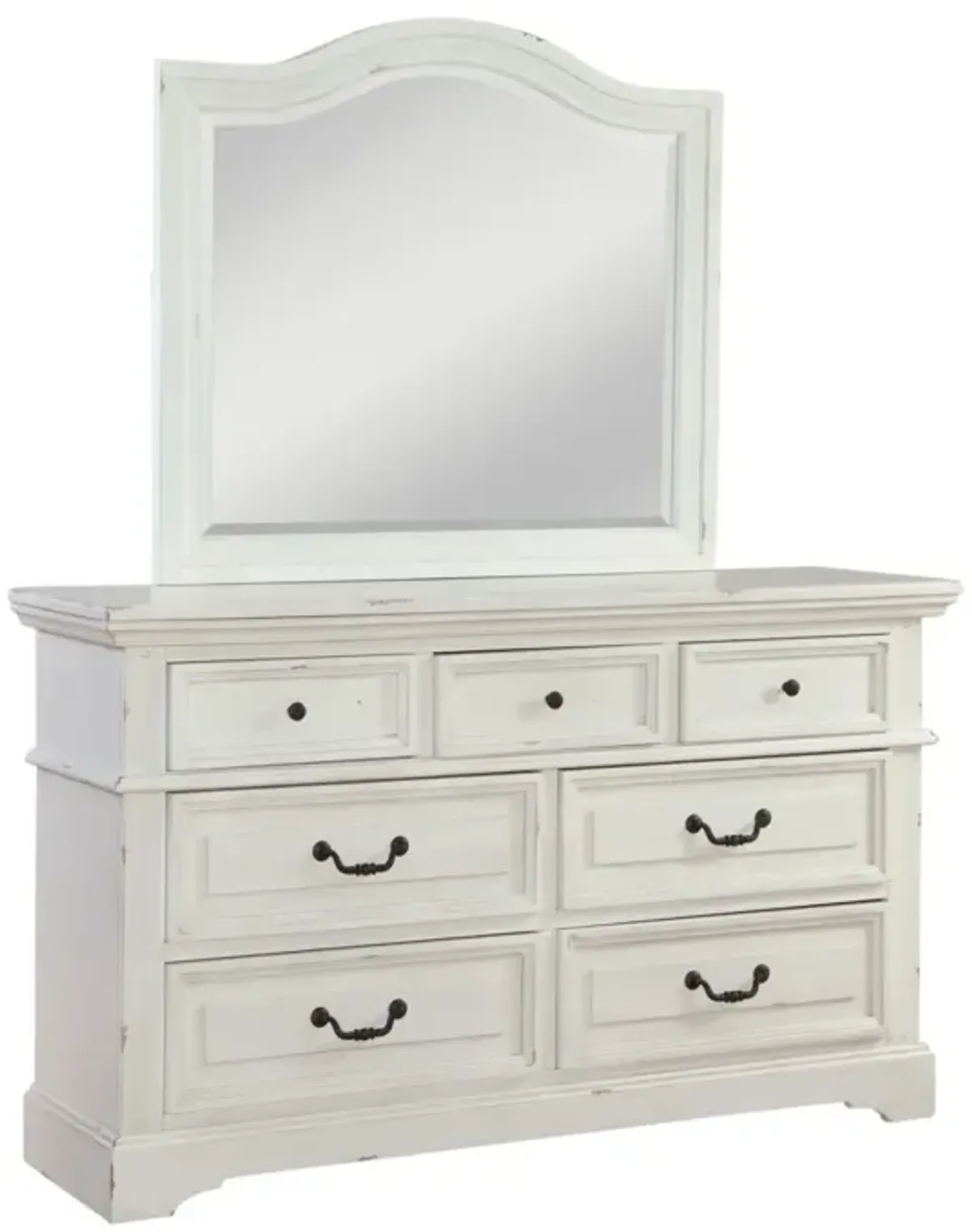 American Woodcrafters Complete Queen Bedroom Set Panel Bed, Dresser & Mirror Distressed Antique White Stonebrook