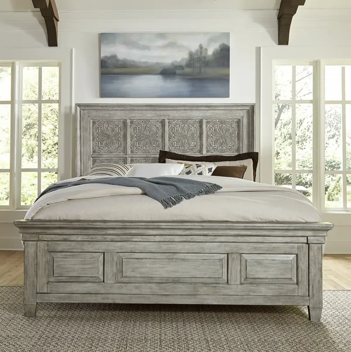 Liberty Furniture Heartland Antique White Queen Panel Bed with Engraved Headboard