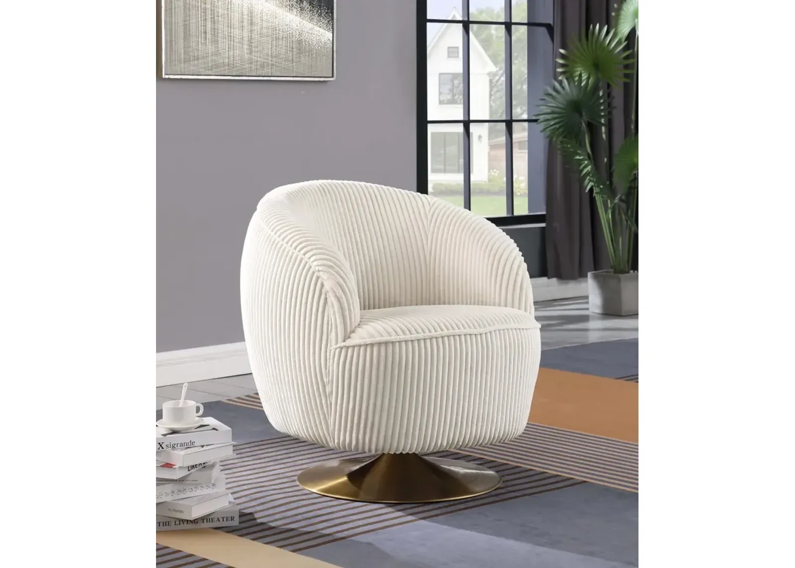 CHARLESTON BEIGE MODERN BARREL ACCENT CHAIR WITH SWIVEL & WOODEN LEGS