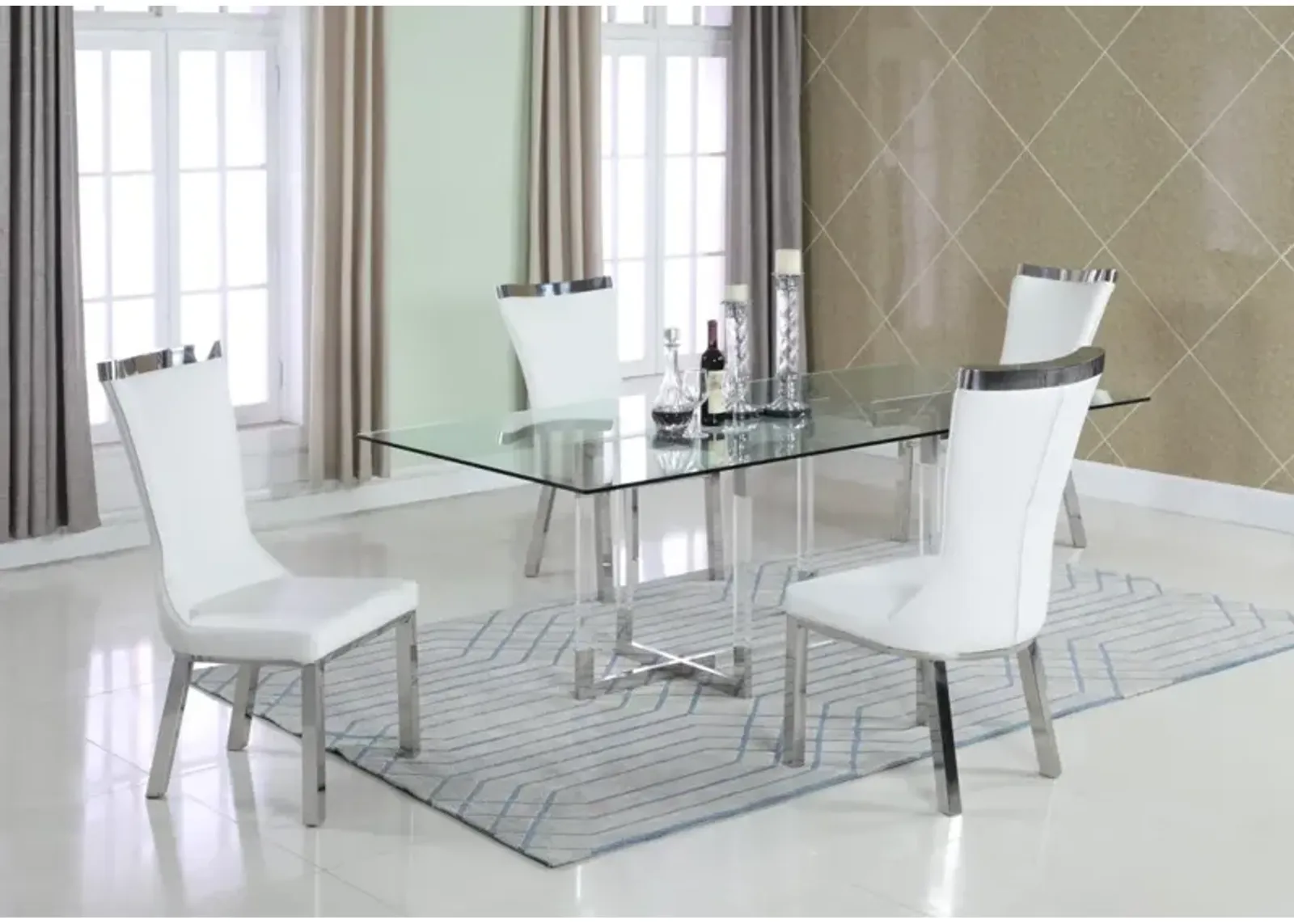 YASMIN CONTEMPORARY DINING SET WITH 42 INCH X 72 INCH GLASS TABLE & 4 SIDE CHAIRS