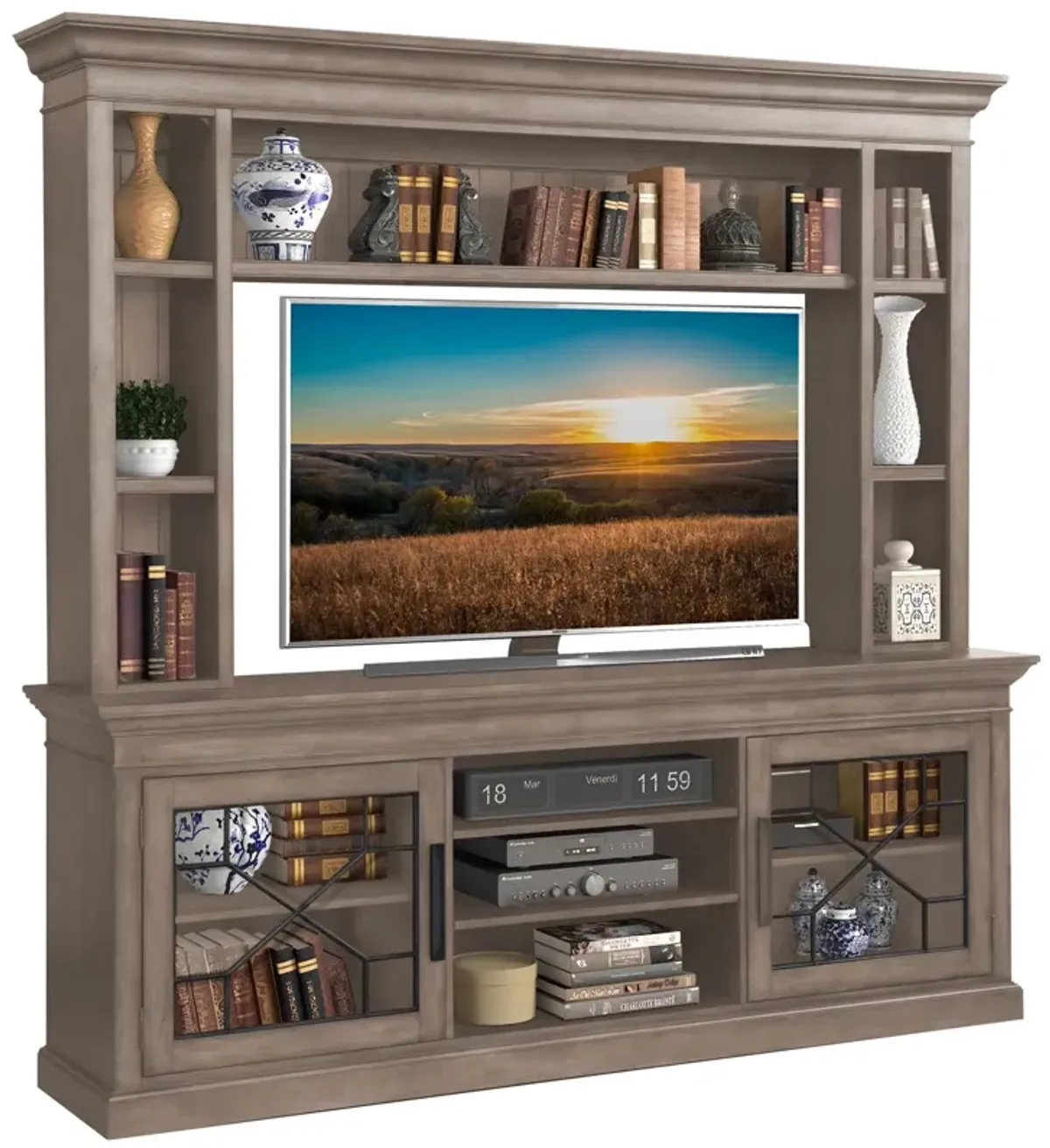 Parker House Rustic Hutch-Style Entertainment Console in Mindy Gray Finish