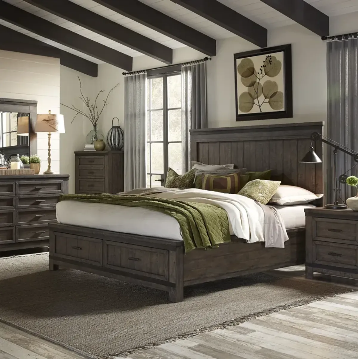 Liberty Furniture Complete King Bedroom Set Storage Bed, Dresser, Mirror & Nightstand Thornwood Hills