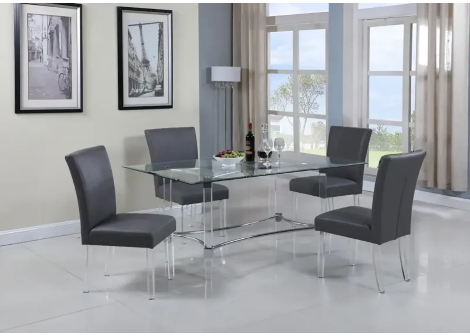 Chintaly 5-Piece Grey Contemporary 60 Inch Dining Set with Rectangular Glass Dining Table & Parson Chairs