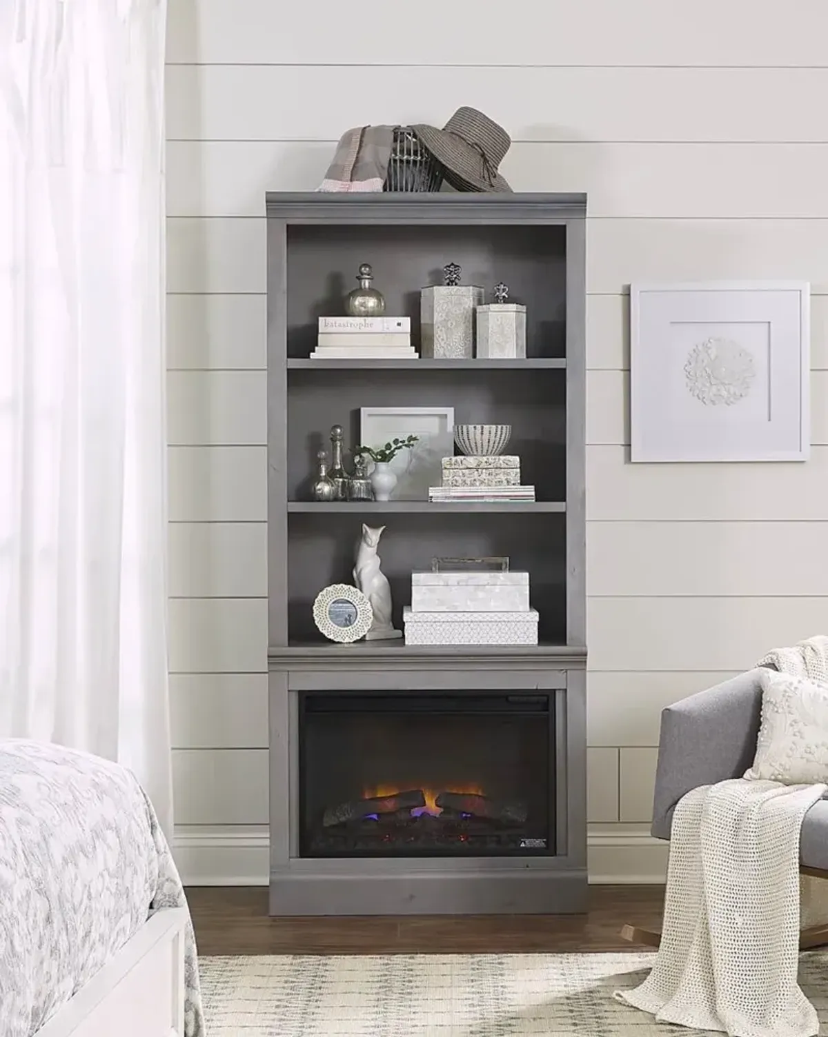 Aspenhome Churchill Smokey Grey 74 Inch Fireplace Bookcase