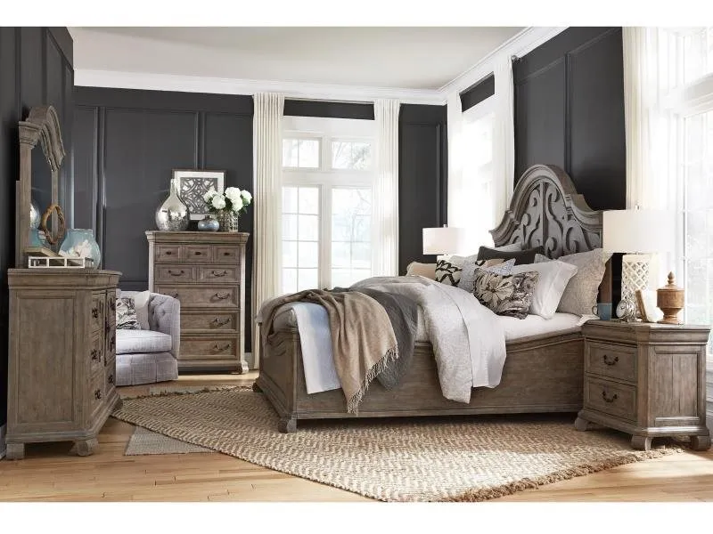 WOOD QUEEN PANEL BED SHAPED HEADBOARD - TINLEY PARK