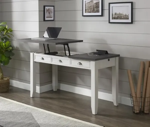 Martin Svensson Monterey 57 Inch Solid Wood Lift-Top Desk with Fingerprint Lock in White Stain & Grey