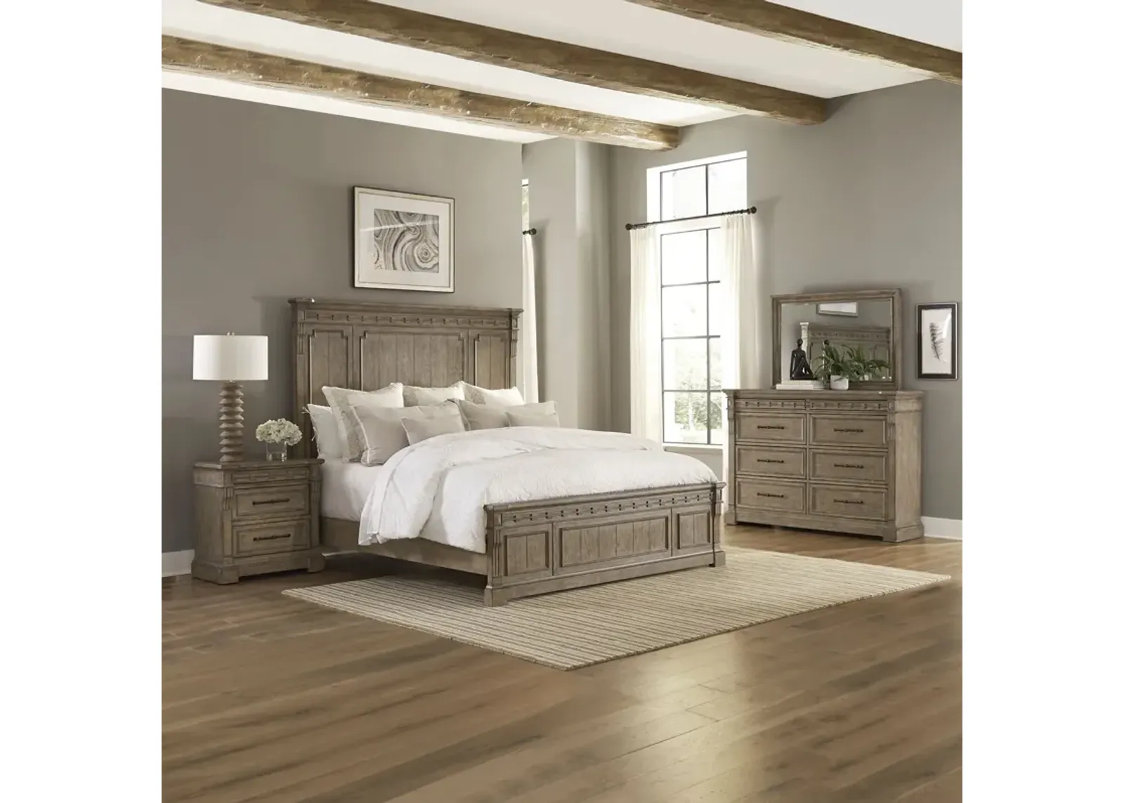 Liberty Furniture Complete Queen Bedroom Set Panel Bed, Dresser, Mirror & Nightstand Town Country