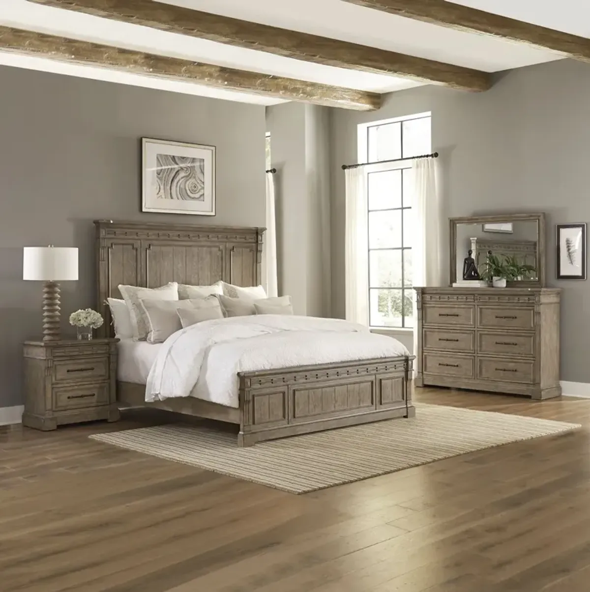 Liberty Furniture Complete Queen Bedroom Set Panel Bed, Dresser, Mirror & Nightstand Town Country