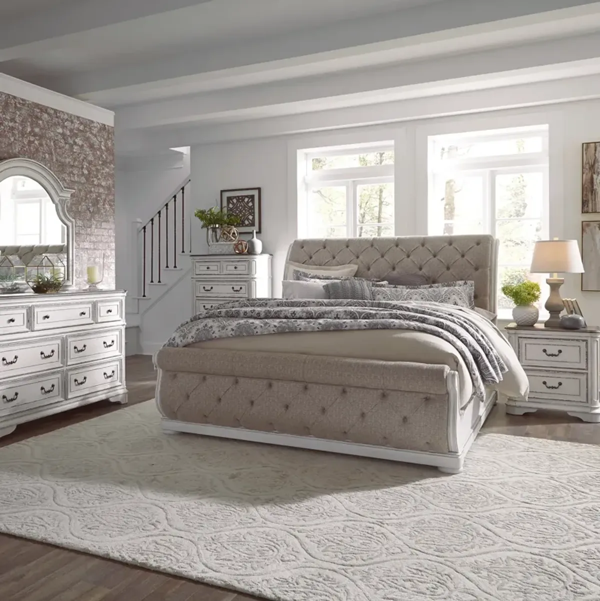 Liberty Furniture Complete California King Set Upholstered Sleigh Bed, Dresser, Mirror, Chest & Nightstand Magnolia Manor