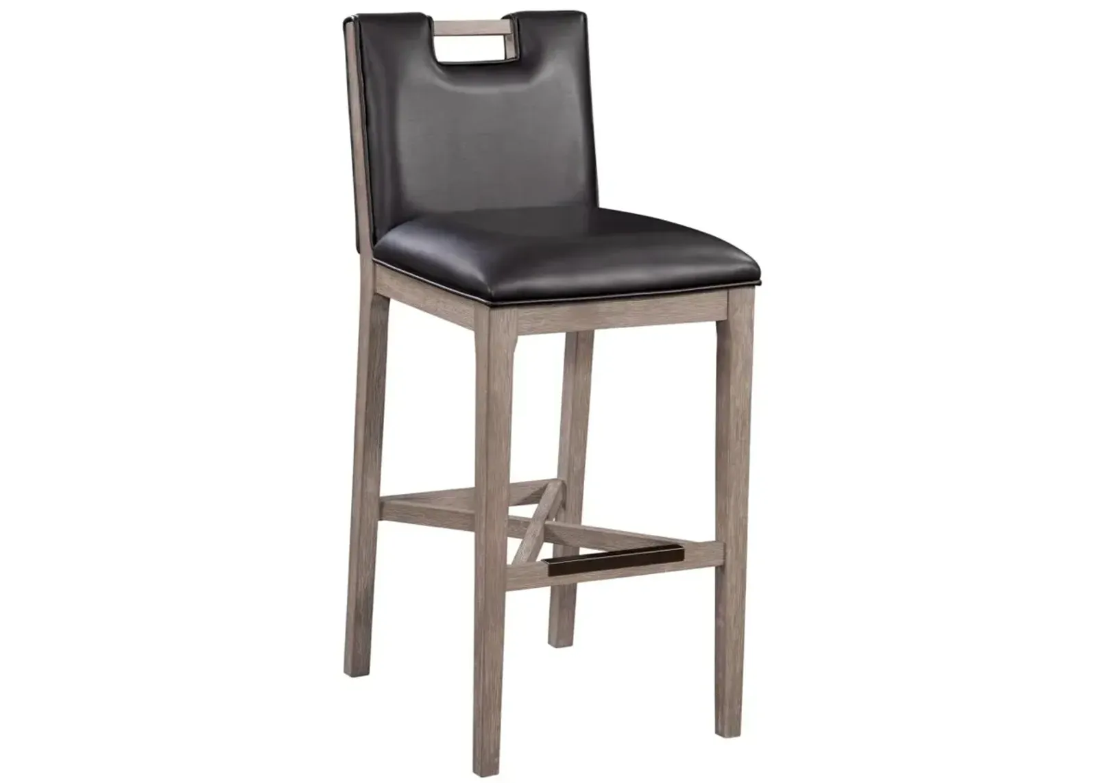 American Woodcrafters Jakarta Wood Stool with Leather Wrapped Back & Handle in Driftwood Grey