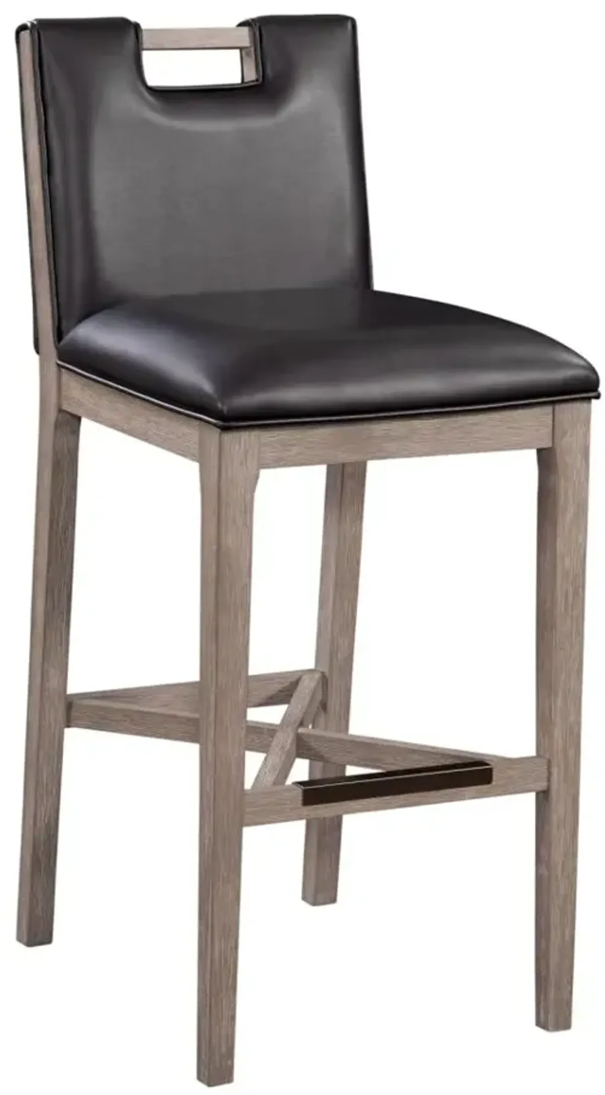 American Woodcrafters Jakarta Wood Stool with Leather Wrapped Back & Handle in Driftwood Grey