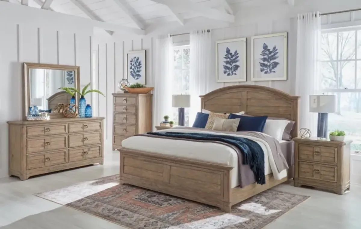 American Woodcrafters Meadowbrook Sand Queen Arched Panel Bed Dresser & Mirror