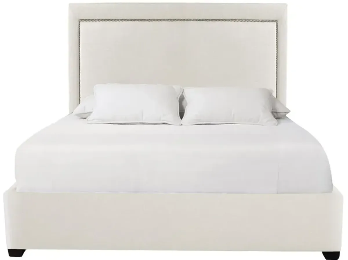 Bernhardt Luxury Linen Upholstered Platform Bed with Nailhead Trim & Padded Headboard in Crisp White