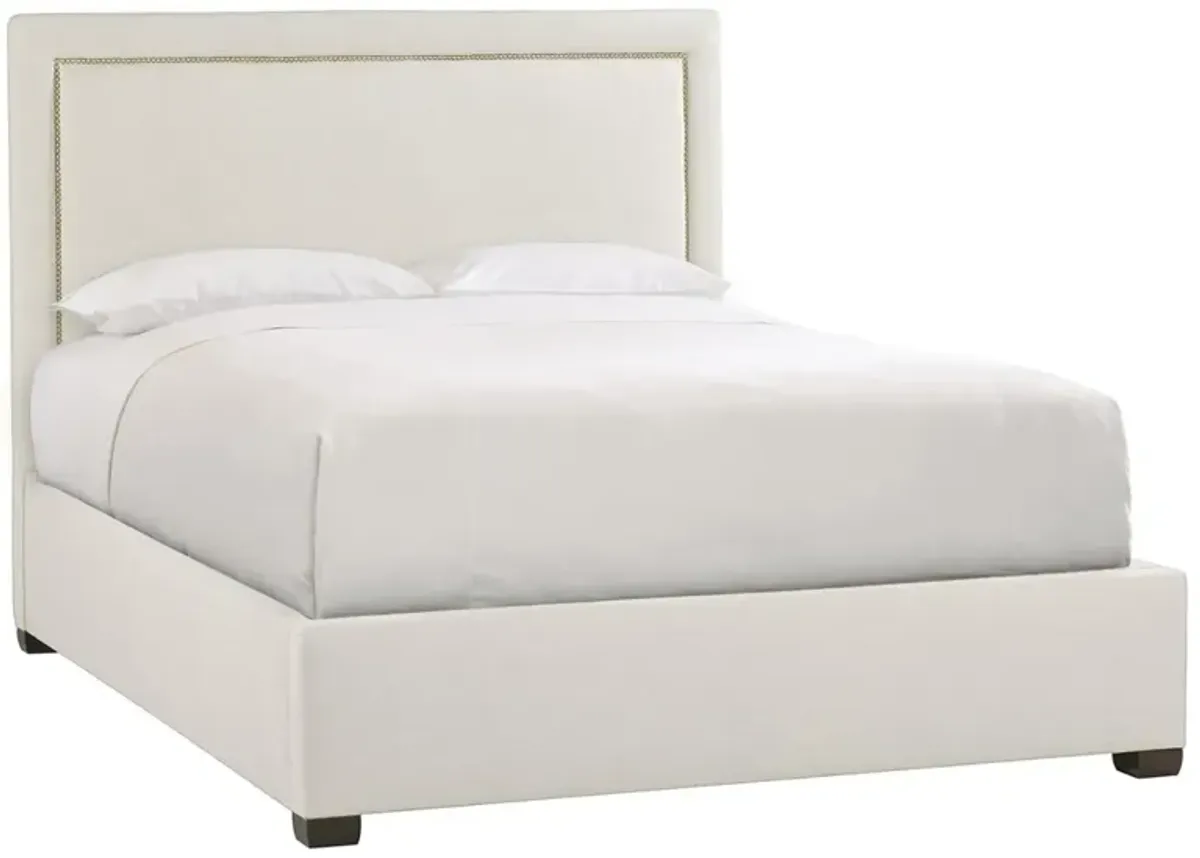 Bernhardt Luxury Linen Upholstered Platform Bed with Nailhead Trim & Padded Headboard in Crisp White